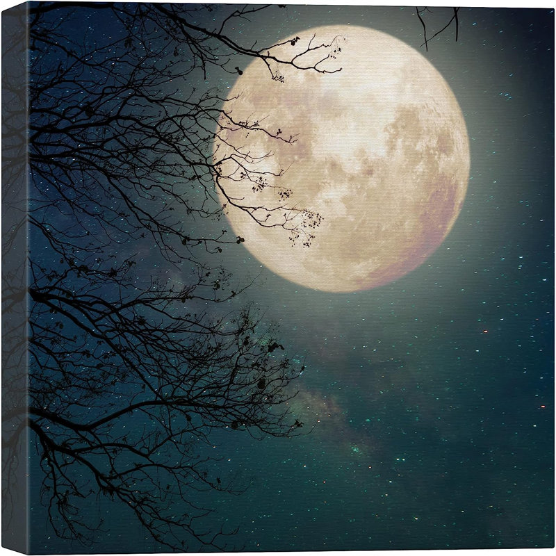 Moon " Full Harvest Moon & Stars Tree Branch Silhouette ", 24" H x 24" W x 1.5" D