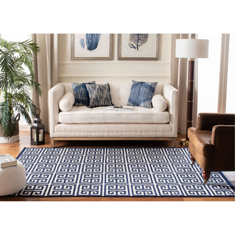 Rodgers Hand Woven Flat Weave Banana Silk/Wool/Cotton Geometric Rug in Navy/Ivory, Rectangle 8' x 10'