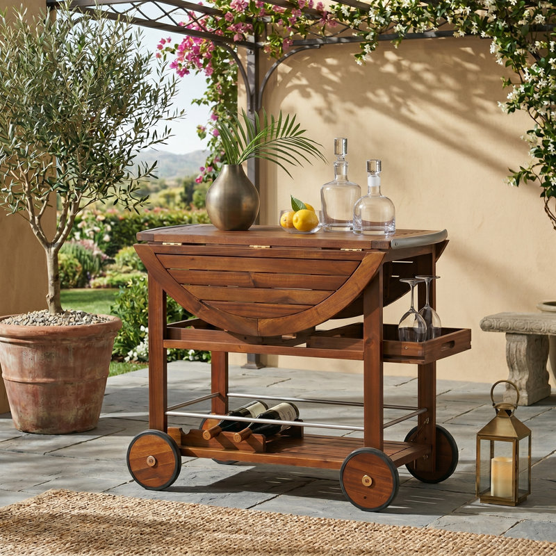 Chariot-bar en bois 35,5 "avec plateau rabattable et roulettes verrouillables, chêne et argent