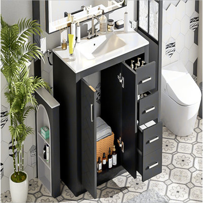 Ensemble de meuble-lavabo 36 po avec lavabo en céramique, armoire de rangement en bois massif, ensemble de meuble-lavabo autoportant avec 3 tiroirs et portes à fermeture douce