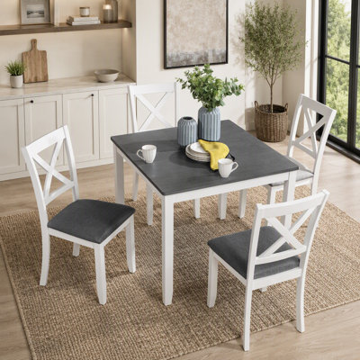 Ensemble de table de salle à manger 5 pièces en bois moderne avec 4 chaises, deux tons gris et blanc, idéal pour les petits espaces et les décors contemporains