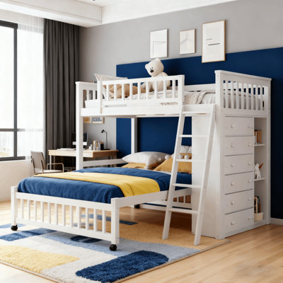 6 Drawers Twin Over Full L-shaped Bunk Bed With Shelves
