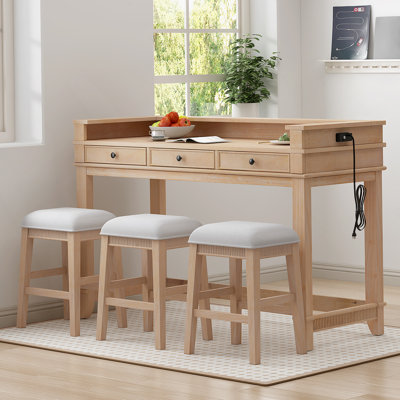 Ensemble de table de salle à manger 4 pièces pour 3 personnes, ensemble de table et chaises de cuisine rétro avec 3 tiroirs de rangement, idéal pour les petits espaces (naturel)