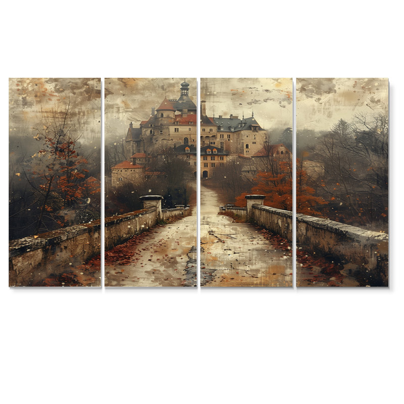 «Beige Orange Autumn Rustic Chateau In Europe I - Chateaus», ensemble de reproduction d'art mural, H 32 po x l 64 po