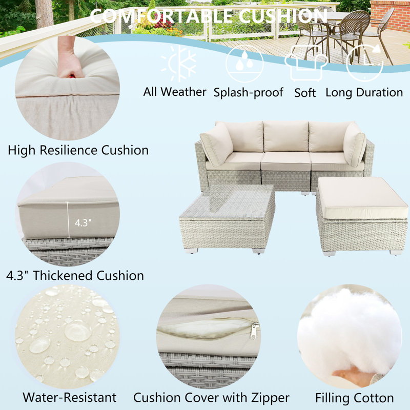 Ensemble de conversation modulaire en rotin 5 pièces avec coussins, Beige, Beige