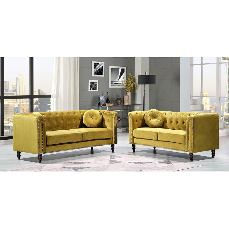 Ensemble de salon classique en velours 2 pièces chesterfield, Velours jaune puissant