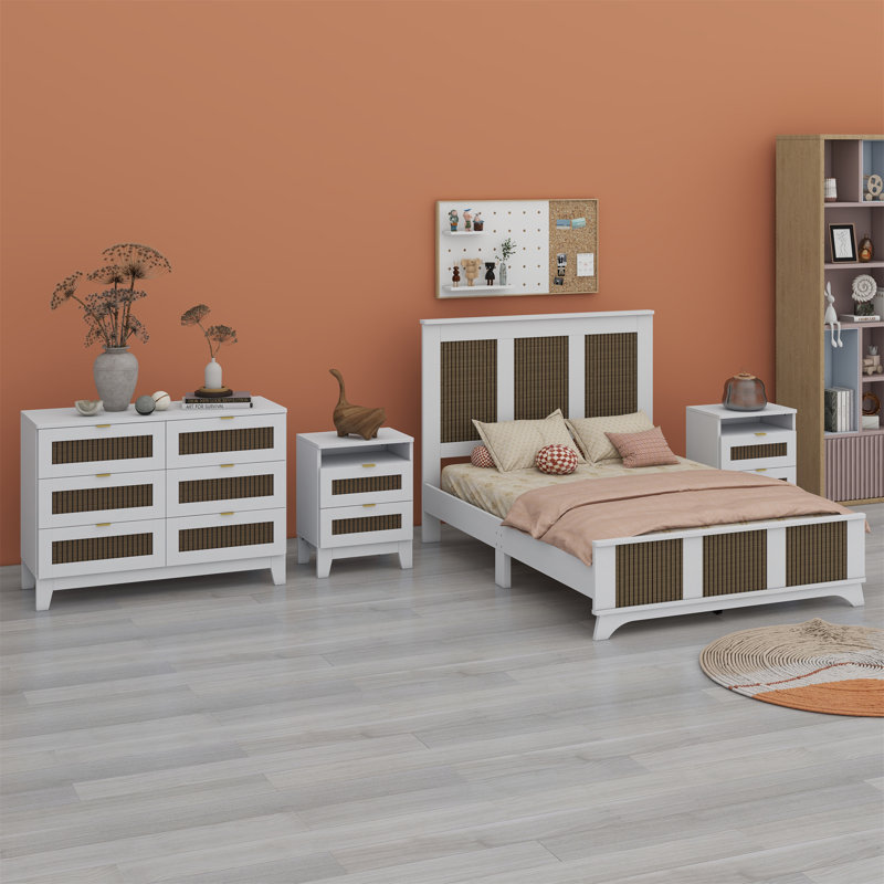 Ensemble de chambre à coucher 4 pièces, lit plateforme de ferme avec décoration en bois, table de chevet et commode avec poignée en métal