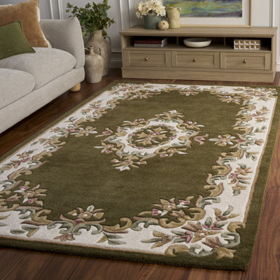 Tapis oriental olive / ivoire en laine / coton touffeté à la main Aubusson 301