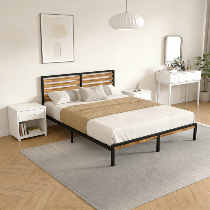 Structure de grand lit avec tête de lit en bois, lit plateforme en métal robuste avec rangement sous le lit, sommier anti-bruit avec lattes, aucun sommier requis, brun rustique et noir