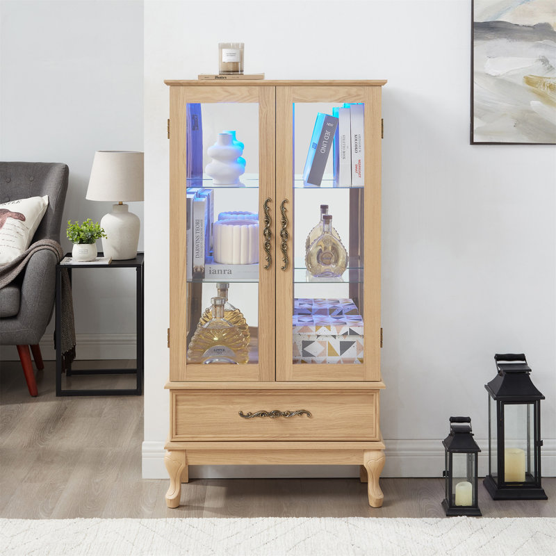 Armoire vitrée lumineuse - Vitrine élégante en verre avec tablettes réglables, 2 portes et 1 tiroir - Buffet de rangement pour le vin avec ampoule incluse