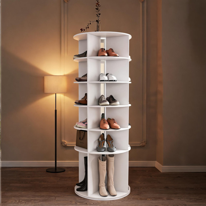 Entryway and Closet 6-Tier 360 Degree Rotating Free Standing Shoe Organizer Rack, Holds Up To 24 Pairs, Clean White Plastic