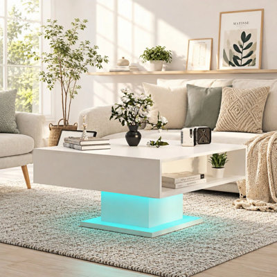 78cm White Square Lift-Top Coffee Table with Hidden Storage and LED Lights