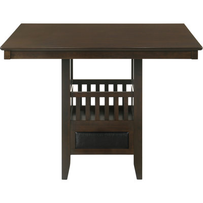 Table carrée de hauteur de comptoir, piédestal de rangement avec porte-verres à pied, aire de vin ouverte et cachée, pièce vedette de la salle à manger