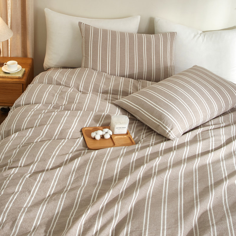 LIFETOWN Striped Duvet Cover Set 100% Washed Cotton Material Soft Linen Feel 3 Pieces Bedding Set, Light Brown/White Striped