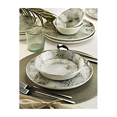 Ensemble de vaisselle élégant 12 pièces, blanc et anthracite | 100% porcelaine, comprend 4 assiettes de service (9,8 x 9,8 x 1,0 po), 4 bols (5,5 x 5,5 x 1,8 po), 4 assiettes (7,5 x 7,5 x 1,0 po) | Va au lave-vaisselle et au micro-ondes, parfait pour l