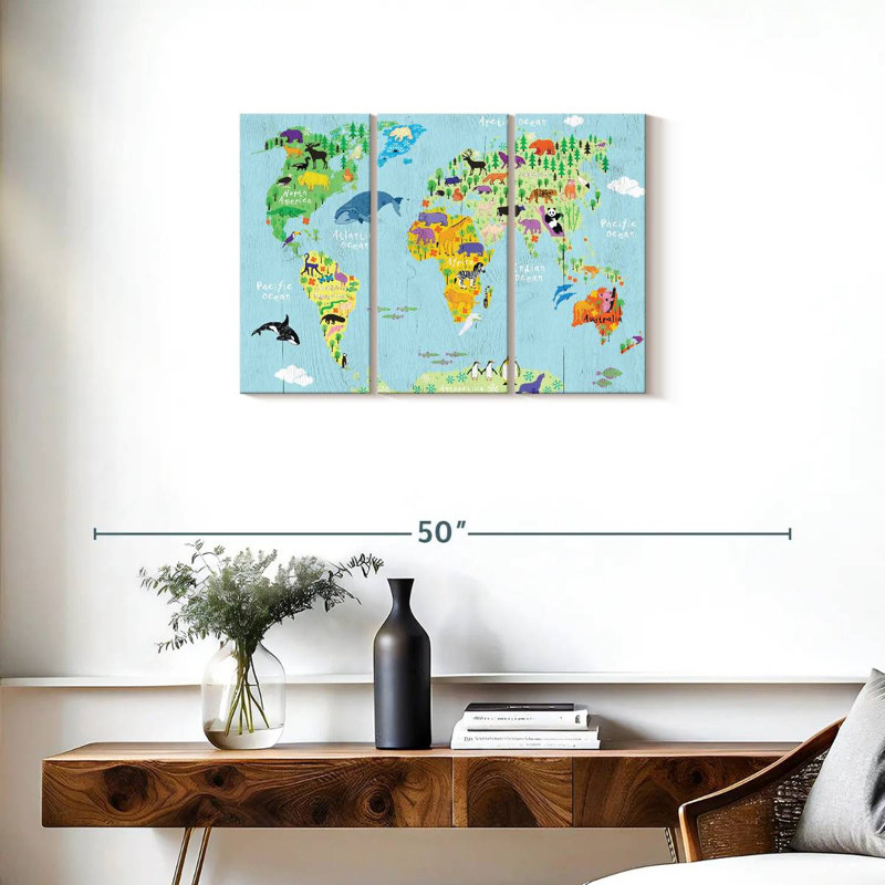 Carte du monde domestique, ensemble de 3 pièces sur toile par SweetTeachings, H 20 po x l 33 po x P 1,25 po