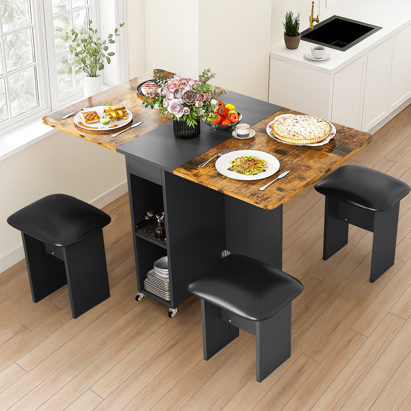 The Movable Multi-functional Folding Dining Table And Chairs Set, A Wood-grain Tabletop Combined With A Embossed Table And Cabinet, Four Pu Cushioned Stools Can Be Tucked Into The Table, A Super Space-saving Four-piece Set Of Tables And Chairs