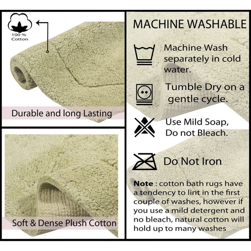Morissette 100% Cotton Bath Rug, Non-Slip, Quicky Dry, Machine Washable, Absorbent - 3 Piece Set, Sage