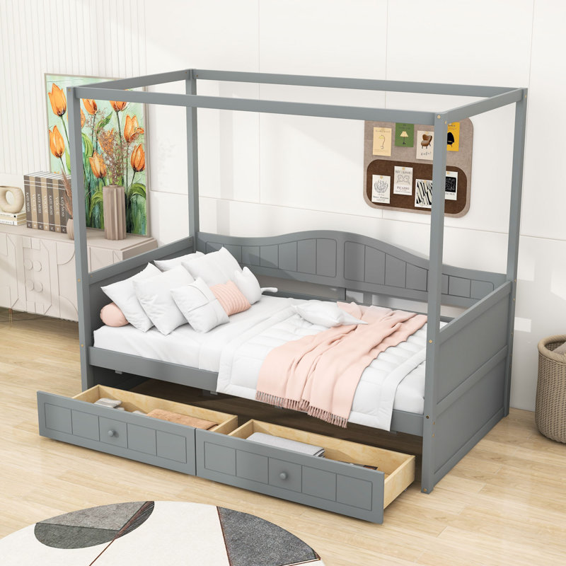 Twin Wooden Canopy Daybed with Built-In Backrest and Storage Drawers, Gray