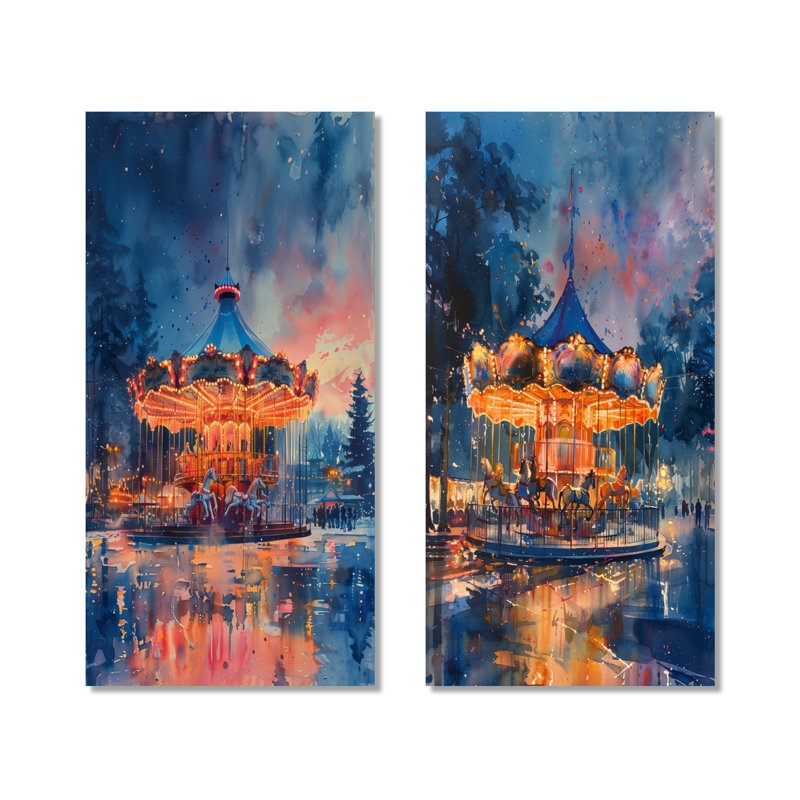 Carrousel de contes de fées orange et bleu I - ensemble de 2 décorations murales en métal, 32" H x 32" W