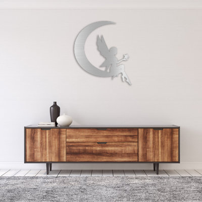 Fée lune, art mural en métal - fantaisie, décor céleste - silhouette de lune féerique - suspension murale ciel magique - sculpture industrielle moderne en métal - décoration de salon de chambre à coucher - pièce d'art remarquable
