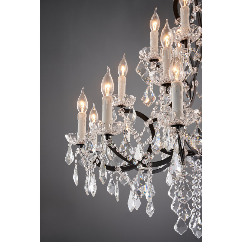 Lustre en cristal de style empire candélabre 18 lumières 32 po, H 86,2 po x l 32 po x P 32 po, Noir mat, 2 niveaux