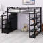 Lit mezzanine en métal avec tablettes de rangement, armoires et garde-robe