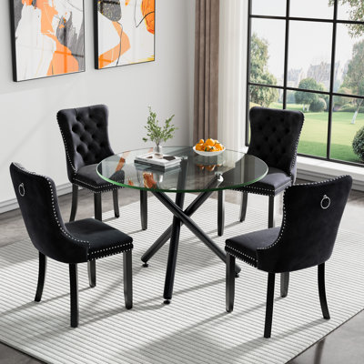 36" Glass Dining Room Table Set for 4, 5-Piece Round Black Dining Table with Metal Legs,  4pcs Velvet Upholstered Chairs with Wood Legs, Glass Kitchen Table and Chairs Set