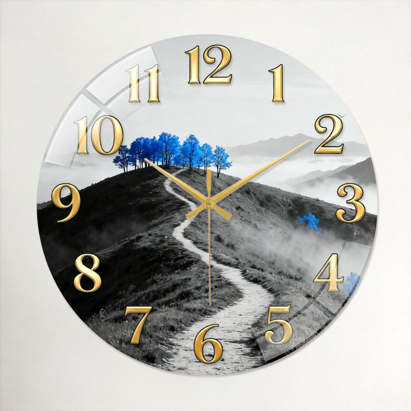 "Mountain Path", horloge murale en verre, 60 x 60 cm (23,6 x 23,6 pouces)