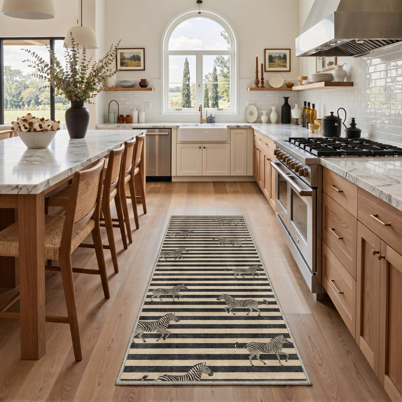 Zebra Striped Animal Print Black / Beige Machine Washable Non Slip Runner Rug for Hallway Kitchen, Runner 2' x 7'