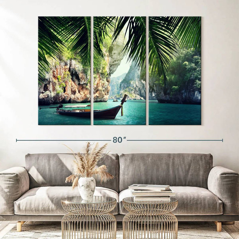 Thailande, bateau long, 3 pièces, H 42 po x l 65 po x P 1,25 po
