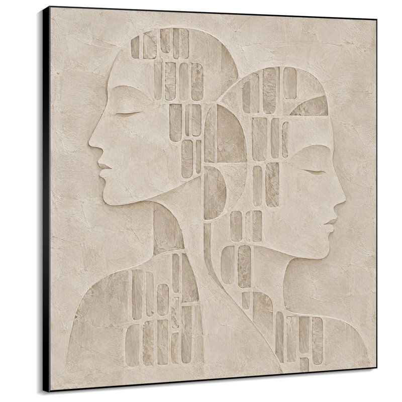 Impression sur tissu grand format - Beige neutre - Deux visages de femmes - Motif géométrique - Idéal pour le salon ou la chambre - « Assemblage du cadre requis (cadre non fini) »