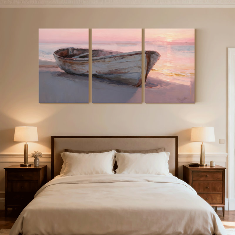 «Nautical & Beach Sunset Boat On Beach», ensemble de 3 impressions sur toile, L 30 po x l 60 po