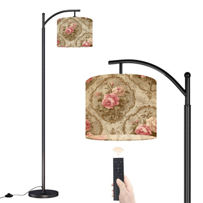 Arc Floor Lamp with Adjustable Lampshade Vintage Rose Floral Ornate Victorian Frame Beige Standing Lamp 3 Color Temperatures Dimmable Tall Pole Lamp with Foot Switch for Bedroom