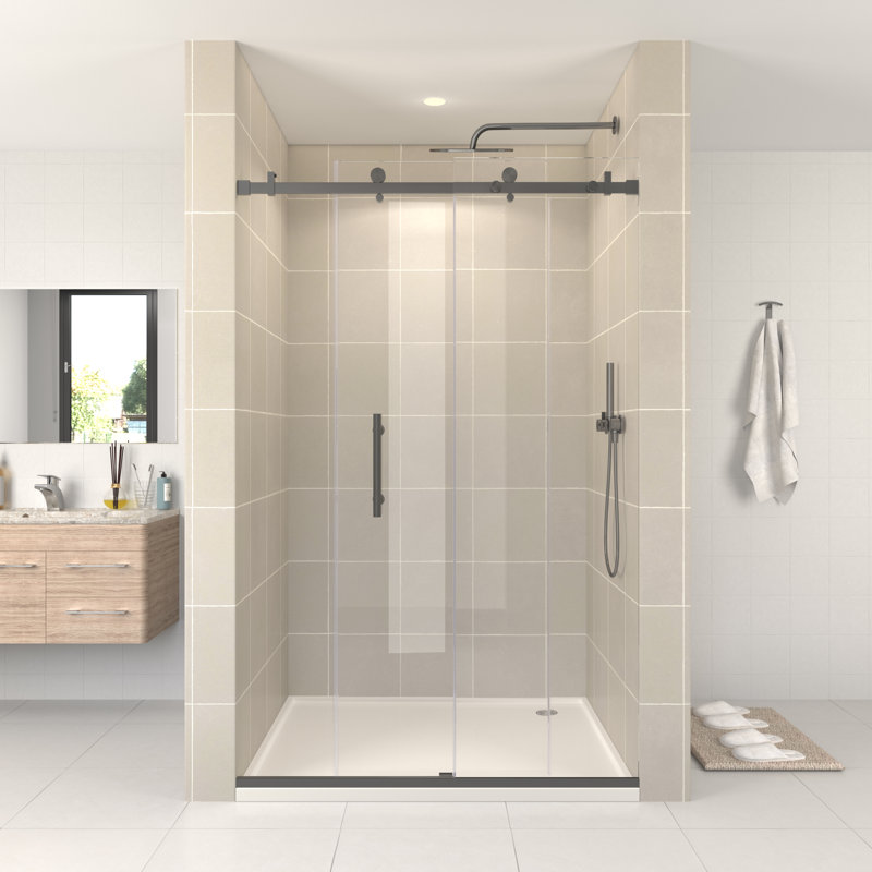 Julien 48'' W x 76'' H Single Sliding Frameless Shower Door with Clear Glass, Space Gray