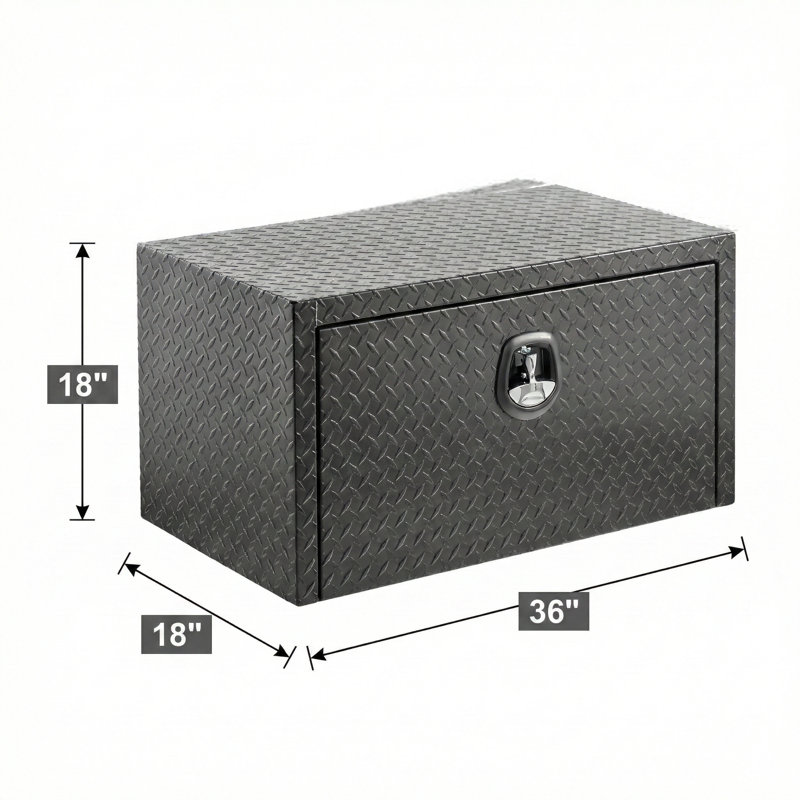 Boîte de rangement robuste pour outils en aluminium, d'une longueur de 36 pouces, conçue pour être installée sous le lit; Le coffre d'organisation sécuritaire comprend une serrure et des clés, une fabrication résistante aux intempéries, une texture de plaque de diamant très épaisse, une finition noir mat