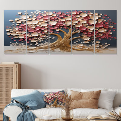 Orchidée rose et or jardin de branches VI - ensemble d'art mural 5 pièces arbre