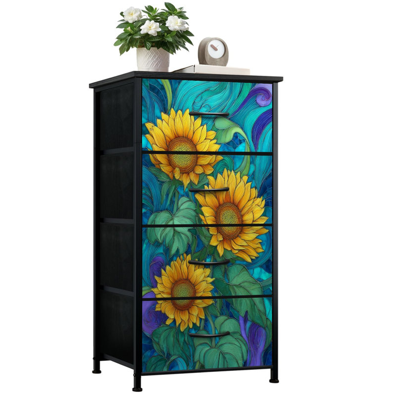 Commode vitrail pour la chambre à coucher avec 4 tiroirs de rangement Kaleidoscopic Sunflower