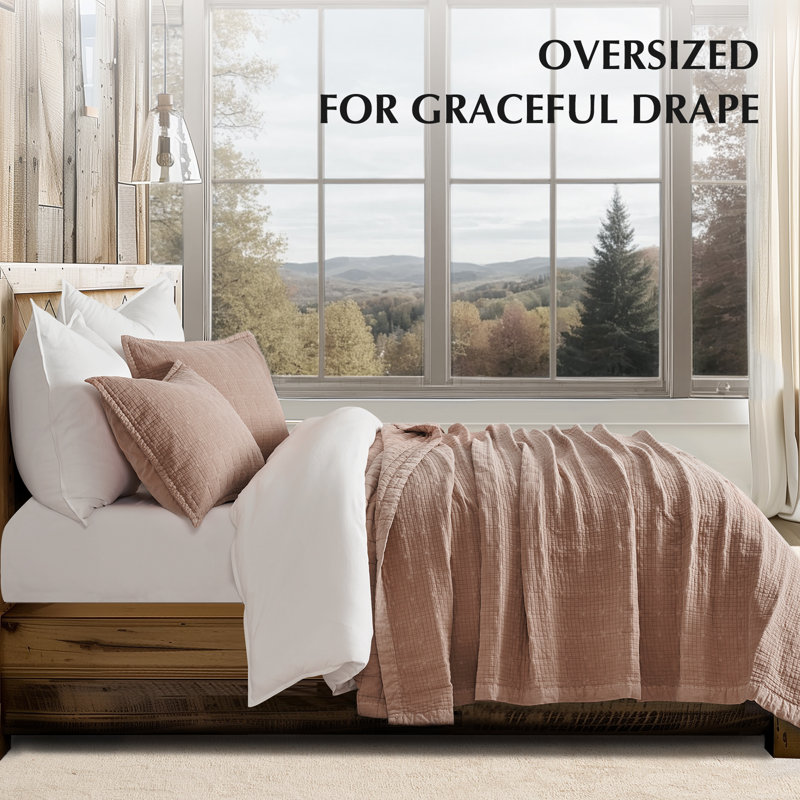 Stonewashed Crinkle Cotton Box Stitch Quilt Set, Terracotta Clay, King Quilt + 2 King Shams