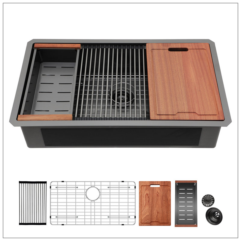 33" Undermount Kitchen Sink - 33*19 Inch Gunmetal Black Single Bowl 16 Gauge Stainless Steel Ledge Workstation Kitchen Sinks