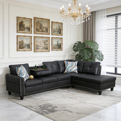97.5 Inch Sectional Sofa Couch, Modern 4-Seaters Living Room Furniture Sets With Chaise Lounge, 2 Pillows | L Shape Couch | Cup Holder | Linen Fabric, Black