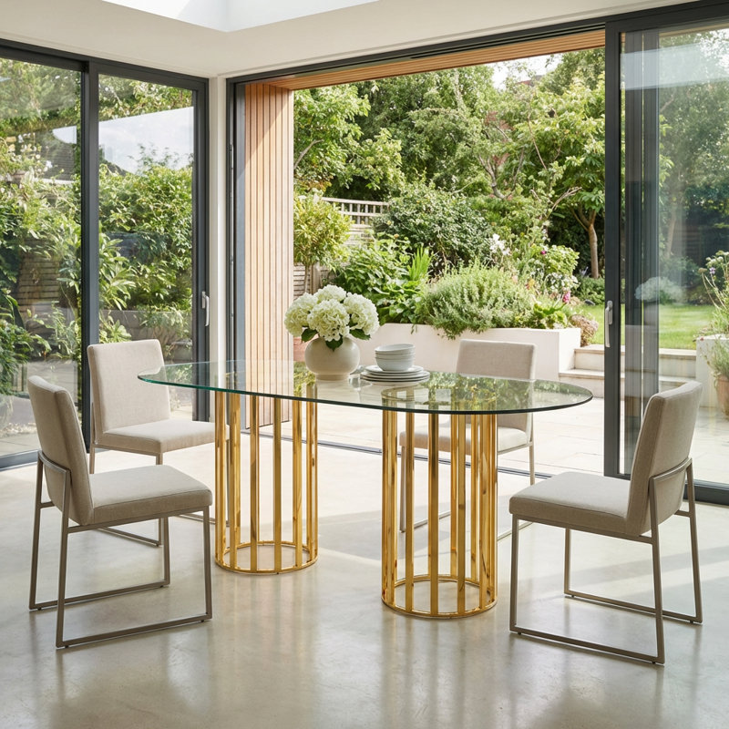 Table de salle à manger ovale en verre trempé avec base à double colonne pour 6 à 8 personnes, surface résistante aux égratignures et facile à nettoyer