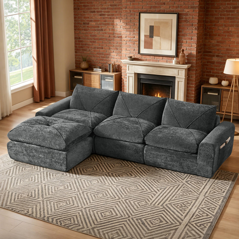 Balendin Feather Down L-Shaped Sectional Sofa, Apartment Couch with Ottoman,Modular, Gray Linen
