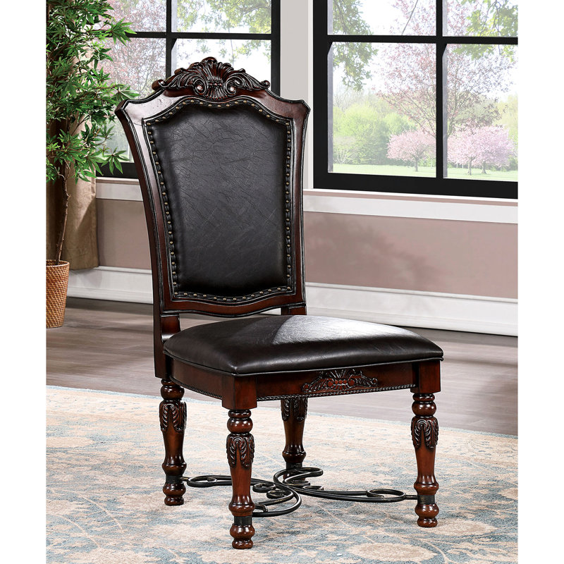 Chaises de salle à manger rétro 2 pièces, bois de cerisier brun, faux détails, coussin de siège noir, ornements traditionnels en bois massif, coussin
