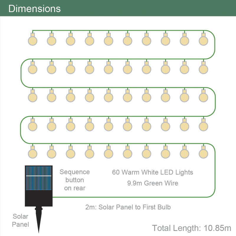 1085cm Solar Powered 60 - Bulb Mini String Light (End to End Connectable), Warm White