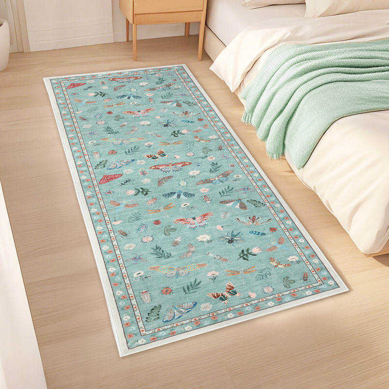 Insect Floral Area Rugs Modern Accent Carpet with Non-Slip Backing, Stain-Resistant Low Pile Floor Cover, Machine Washable Ultra-Soft Indoor Mat for Living Room, Bedroom, Kitchen