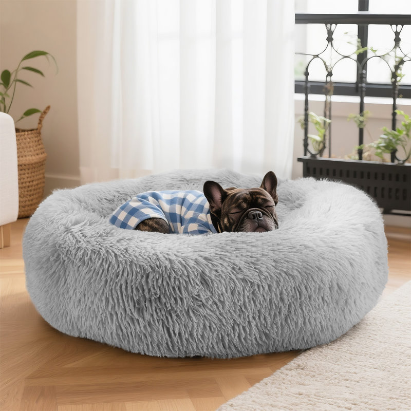 Lit pour chien calme et apaisant pour petits chiens moyens, lit pour chiot moyen lavable en beignet, lit pour chien rond moelleux antidérapant de 27 po, gris