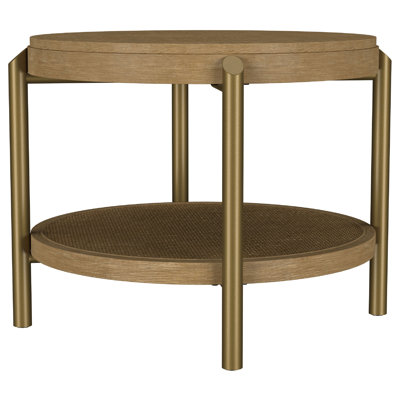Fij Side End Table With Rattan Shelf, Brass Metal, Brown Wood 26 Inch