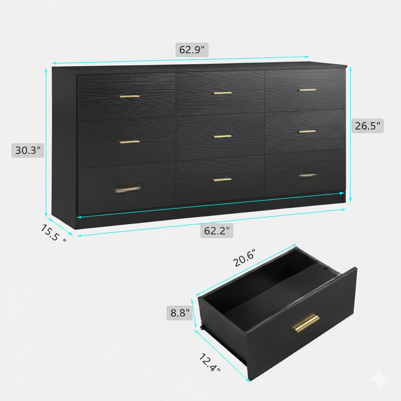 Commode moderne à neuf tiroirs noire pour la chambre à coucher - Commode spacieuse et spacieuse, fabrication robuste et sécuritaire.