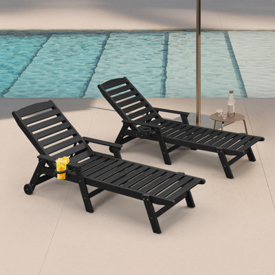 Ensemble de méridienne d'extérieur en PEHD Seehill de 2, chaise longue réglable à 6 positions avec roues et porte-gobelet, chaises longues en poly, chaises longues de patio en PEHD pour terrasse, cour, bord de piscine